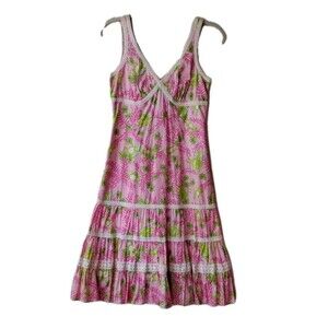 Lilly Pulitzer Tiered Sundress Pink Lined Monkey Print Crochet Women's Size 2